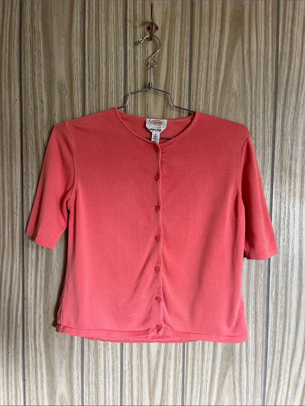 Talbots Coral Button-Front Short Sleeve Cardigan made in Italy